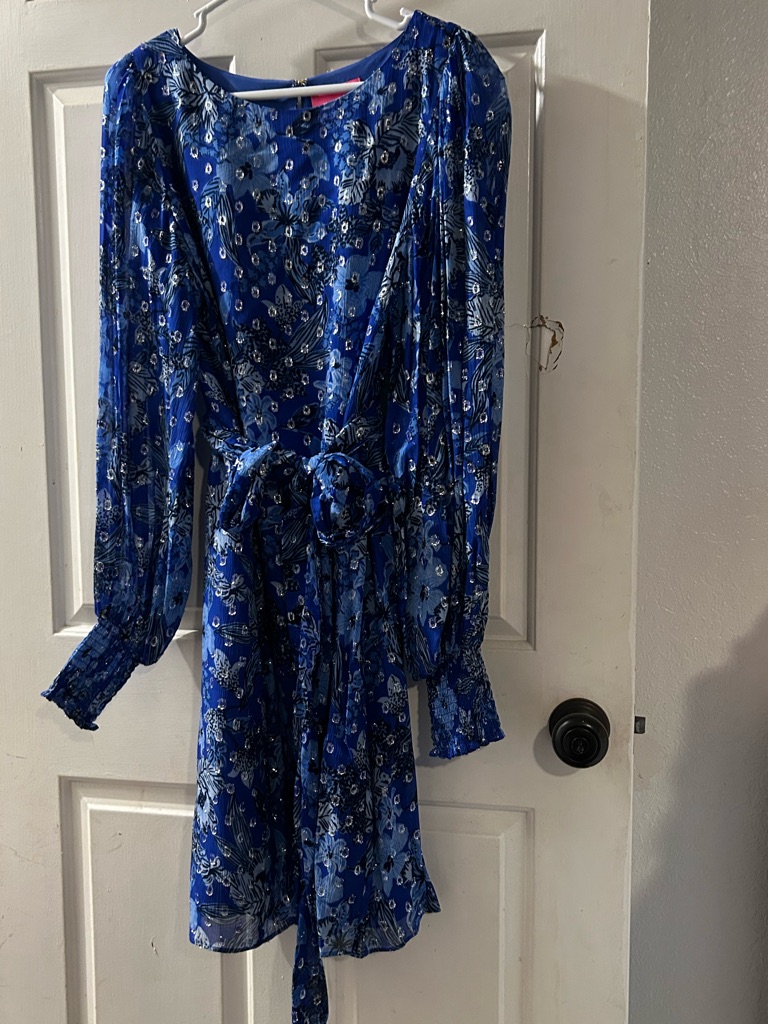 Lilly Pulitzer Royal Blue Floral Tie-Waist Long Sleeve Dress
